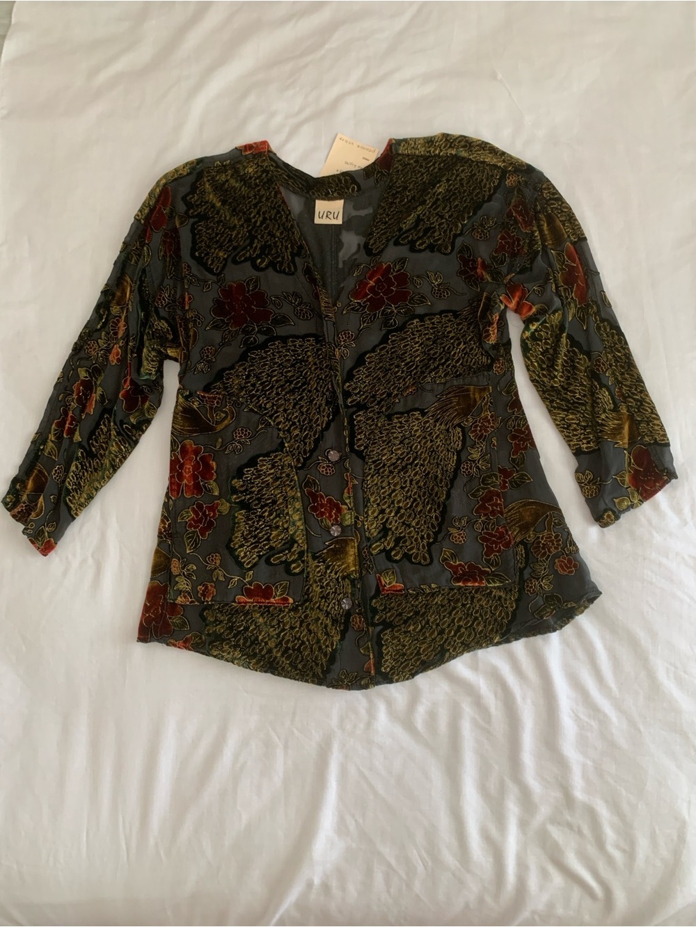 Vintage URU by Kristine St. Rrik Kyoto Peacock Burnout Velvet Silk Blouse NWT 2